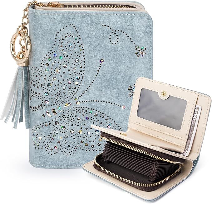 Women RFID Blocking Small Bifold Wallet, Compact Cash Clutch with Zipper Coin Pocket, Glittery Butterfly Design, Credit Card Holder, Travel Purse with Tassel BLUE