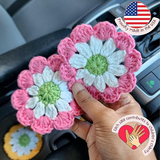 Cotton Car Coasters 2pc Car Cup Coasters Cute car Accessories for Women car Coaster for Cup Holders (Peony Pop)