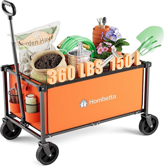 Collapsible Wagon Cart with Wheels, 150L Lightweight Foldable Utility Cart, Portable Rolling Wagon for Garden, Shopping, Sports, Camping, Transport, Orange