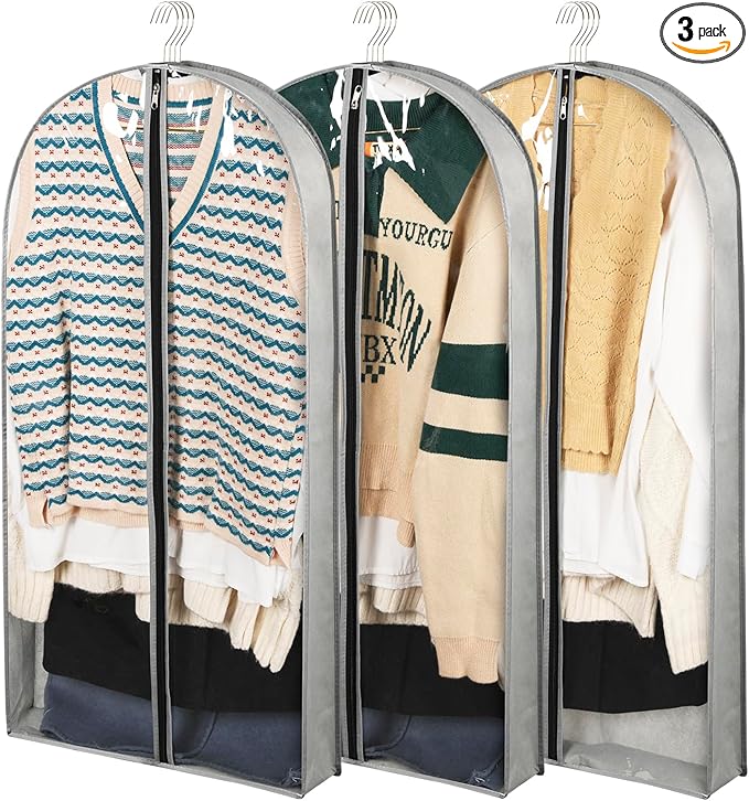 3 Pack 40" Garment Bags for Hanging Clothes Storage, Clear Suits Covers with 4" Gussets for Closet Storage Travel, Plastic Protector for Coat, Jacket, Sweater, Shirts