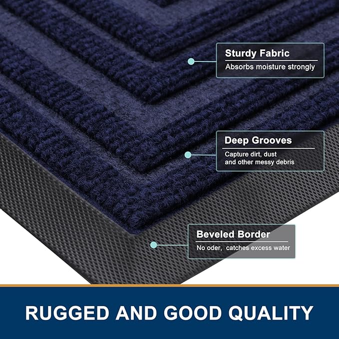 Buganda Front Door Mat Indoor Outdoor Entrance, Non-Slip Natural Rubber Doormats, Easy Clean, Low Profile, Dirt Trapper Entryway Floor Mats for Outside, Garages and Patios, 36x24, Navy