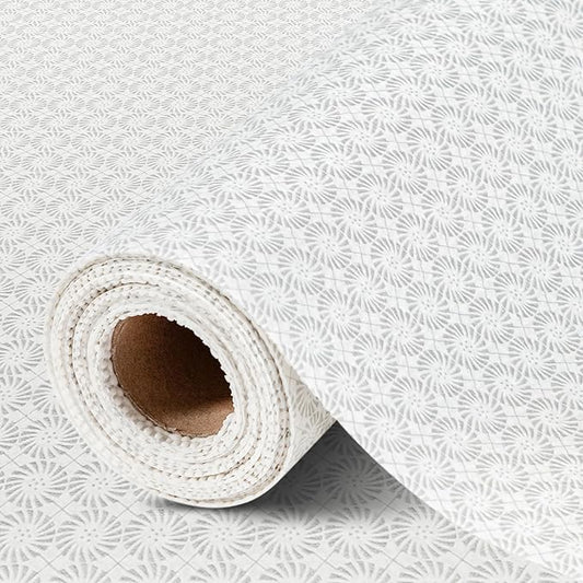 FIFTY FEET 18"x96" Non-Adhesive Shelf Liner for Kitchen Cabinets and Drawers, Washable Non-Slip PVC Cabinet Liner (White Circle)(1 Roll)