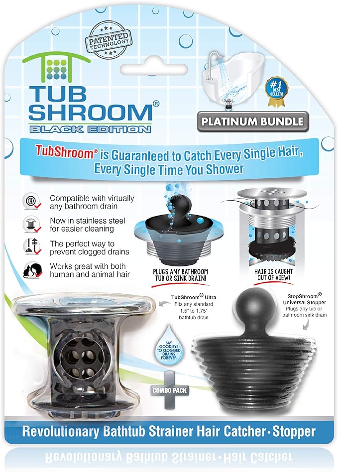 TubShroom Tub Drain Hair Catcher Combo Pack with Silicone Stopper, Black Chrome – Protector and for Bathroom Drains, fits any standard bathtub drain measuring 1.4” to 1.8” wide