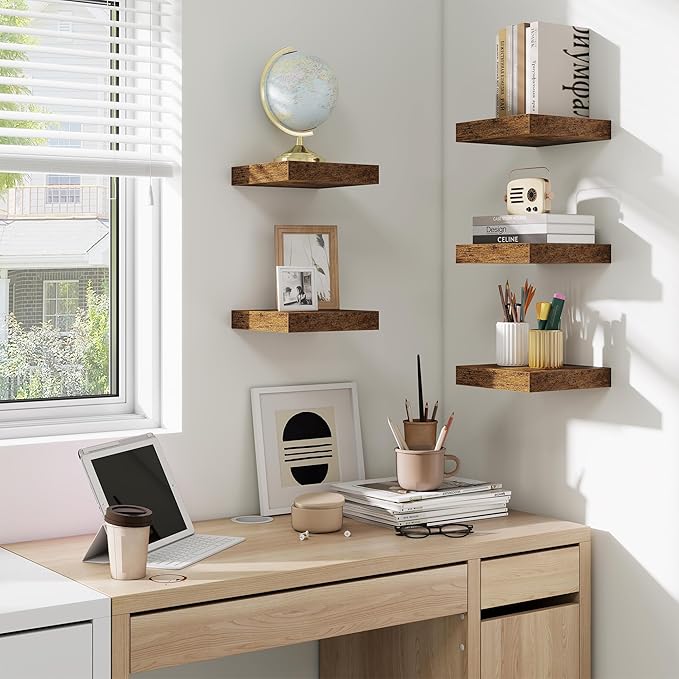 fuqing Floating Shelves for Wall, Wall Mounted Wood Floating Shelf with Invisible Brackets for Living Room, Bathroom, Bedroom, Kitchen Storage and Decor, 6.5 Inch Set of 3, Rustic Brown