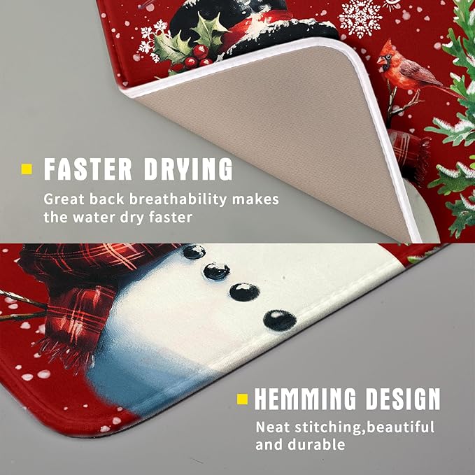 Winter Snowflake Red Dish Drying Mat for Kitchen Counter,Xmas Trees Snowman Cardinal Bird Drying Mat 16 x 18 Inch with High Absorbent Microfiber Drainer Mat for Coffee Bar