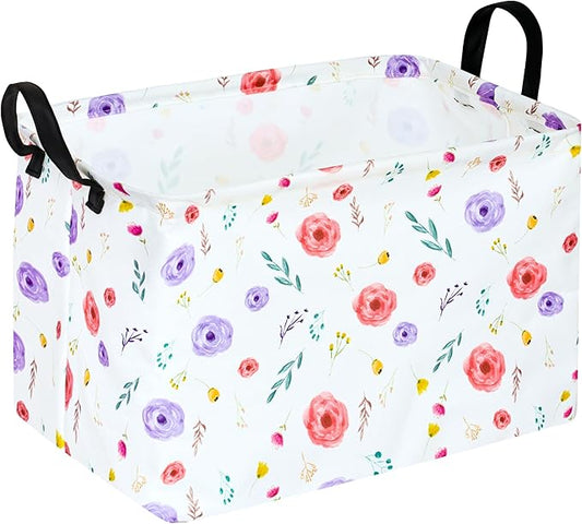 KUNRO Rectangle Flower Patter Storage Basket Gift Shelf Basket Storage Bin, Nursery Basket Organizer Box for With Handles for Room Deco