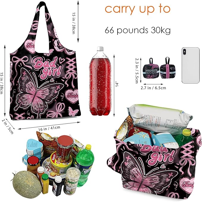 BeeGreen Butterfly Ultimate Travel Tote Bag - Reusable Grocery Shopping Bag - Foldable Compact Portable Machine Washable