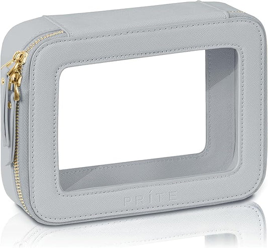 Prite Clear Makeup Bag Cosmetic Organizer Case Waterproof Travel Toiletry Bag Skincare Pouch with Golden Zipper (Grey)