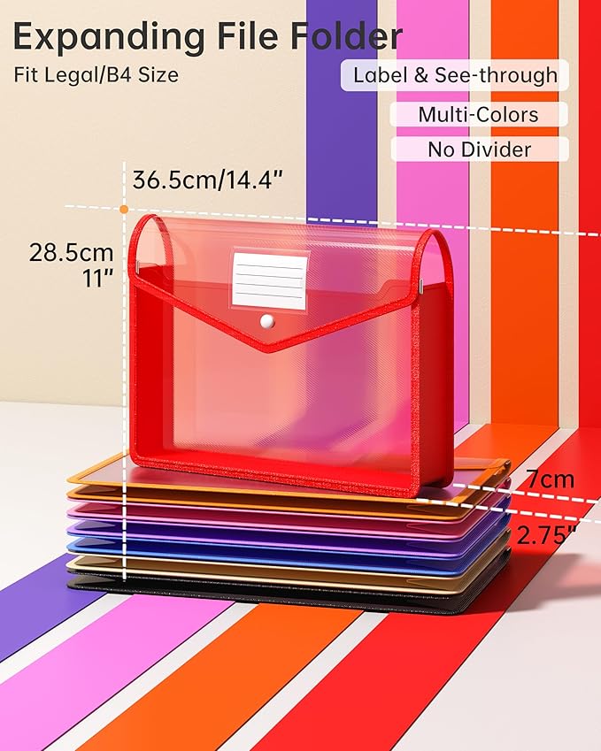 7 Pack Plastic Expanding File Folder, Transparent Envelopes with Snap Closure, Fit Legal/B4 Size for School/Office/Home/Hospital, No Dividers, Large Capacity - 7 Colors