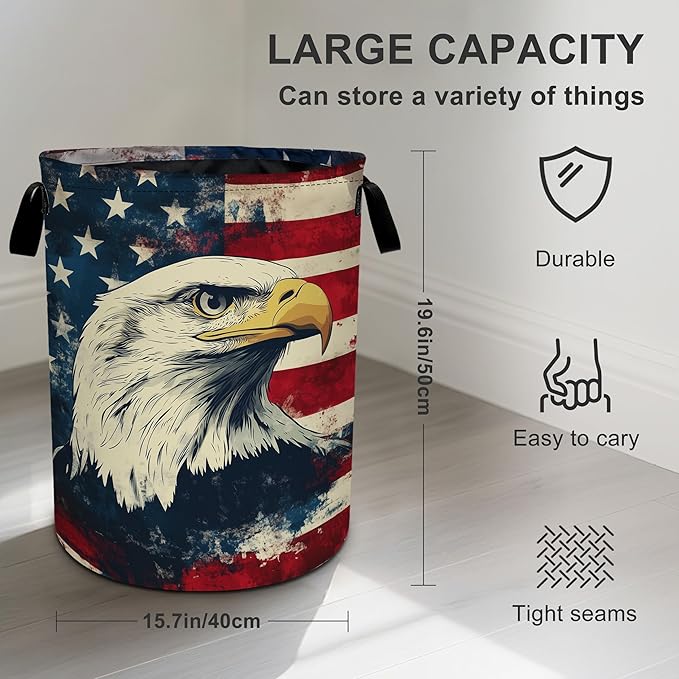 Vintage American Flag Eagle Laundry Basket Laundry Hamper With Handles Collapsible Laundry Baskets Storage Basket For Room Bathroom Bedroom Decor