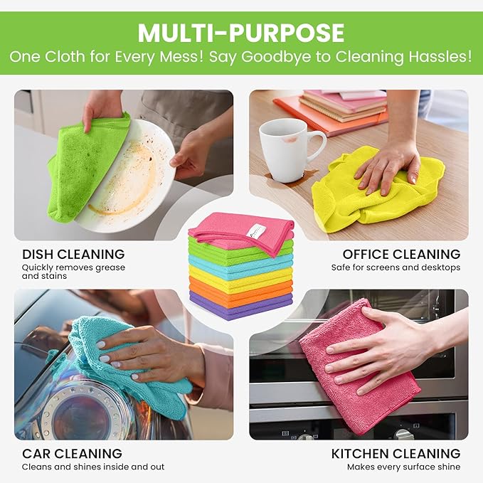 12 Pack Microfiber Cleaning Cloth, 6 Assorted Colors Cleaning Rags for Housekeeping, Colorful Reusable Microfiber Towels for Car, Kitchen, Bathroom and Household Cleaning Supplies, 11.8"X11.8"