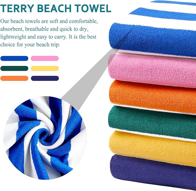 4 Packs Oversized Stripe Beach Towel Thin Terry Set for Women Men 72X40 in Absorbent Big Extra Large XL Clearance Travel Families Towels Accessories Essentials Adults Gift Blue Pink Yellow Green