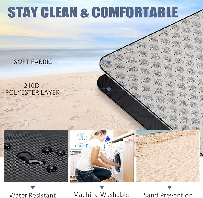 Picnic Outdoor Blankets Waterproof Extra Large - Beach Mat Sand Free Foldable with Carry Strap | Portable Camping Blanket | Park Blanket for Grass Park, Hiking, Travel, Concerts, Indoor (Black Flower)