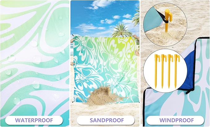 Beach Blanket Waterproof Sandproof Beach Mat 79" X 83"/10'x9' for 2-8 Adults Quick Drying Outdoor Picnic Mat Beach Accessories for Travel, Camping, Hiking