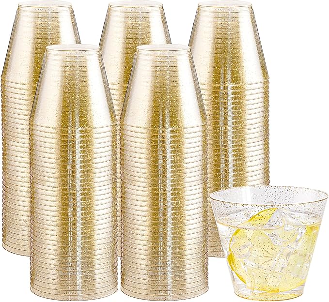 I00000 200pcs Gold Plastic Cups - 9 OZ Hard Gold Glitter Disposable Cups for Cocktail & Drinking - Premium Disposable Plastic Glasses with Gold Glitter for Fancy Wedding Cups Elegant Party Glasses