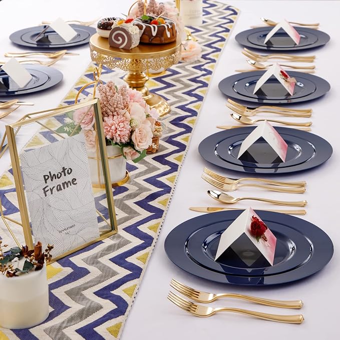 FLOWERCAT 60PCS Blue Plastic Plates - Heavy Duty Blue Disposable Plates (10.25" & 7.5") - Serves 30 Guests for Birthday Parties/Weddings/Presidents' Day/Memorial Day/Hanukkah