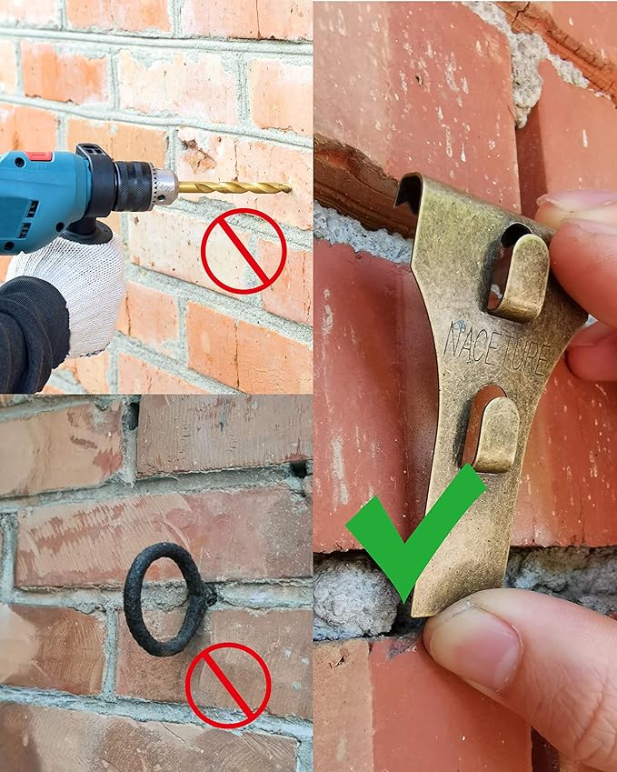 NACETURE Brick Hook Clips, 18-Pack — for Bricks 2-1/4”–2-2/5” Only, Requires ≥1/8” Recessed Mortar Gap — No-Drill Metal Brick Wall Hangers — for Seasonal & Everyday Wall Décor