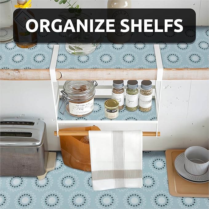 12X120 Inch Shelf Liner for Kitchen Cabinets, PVC Drawer Liner for Dresser Non-Slip Bathroom, Non-Adhesive Cabinet Liner Washable (Blue Circle)(5 Roll)