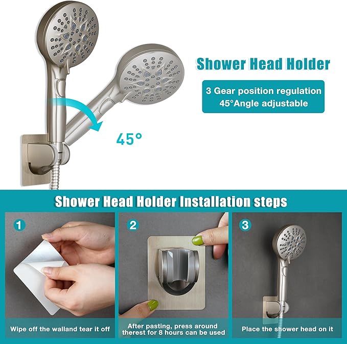 GwernKB Handheld Shower Head with on off Switch&Built-in Power Spray,7-Setting High Pressure Shower Wand with 79in Long Hose&Bracket and Extra Adhesive Shower Holder for Lower Mount,Brushed Nickel