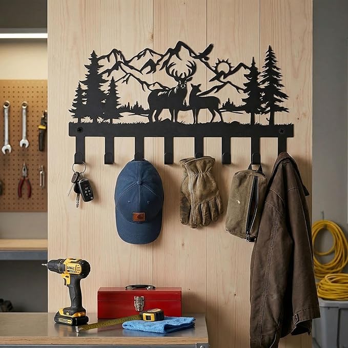 Deer Metal Key Holder for Wall, 14.5" X 8.9", Key Hooks for Wall Organizer, Key Rack, Forest Theme Coat Hat Towel Hooks, Ideal for Living Room, Hallway, Office