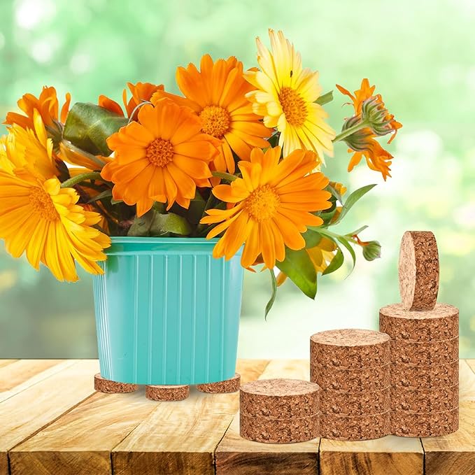 Boocalny 50 Pcs Invisible Plant Pot Feet Risers with Non Slip Surface, 2“ Dia×0.6” Cork Plant Pot Feet Lifter for Outdoor Planters, Solid Corkwood Planter Feet for Indoor Plants Flower Pots