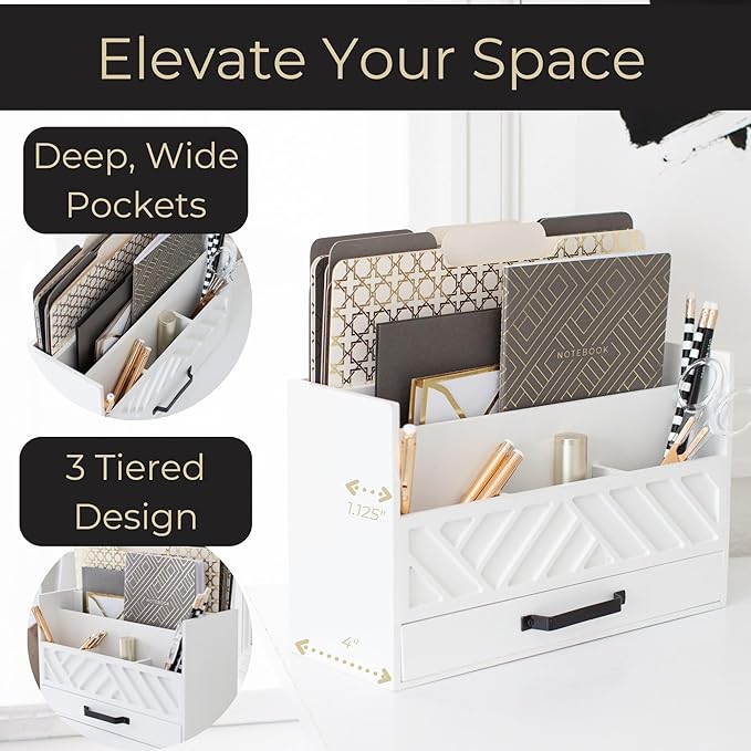 BLU MONACO | Wooden Mail Organizer with Drawer | Mail Organizer Countertop with 6 Compartments | Bill Holder for Desk | White Desktop Mail Sorter