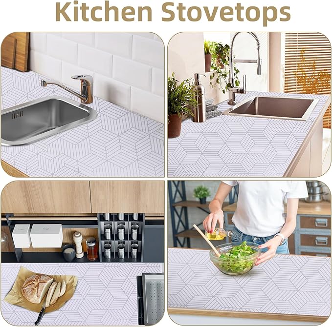 Shelf Liners for Kitchen Cabinets Non Adhesive Shelf Liner Paper Non-Slip Thickened Drawer Liner Easy to Clean for Tool Box Refrigerator with Knife and Tape Measure, Silver Geometric, 23.6 x 236.2 in