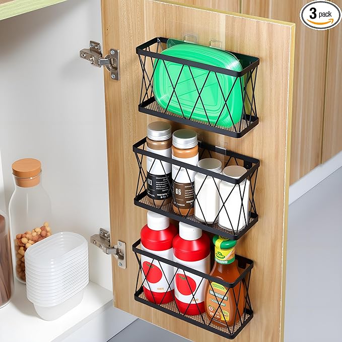 YIGII 3 Pack Adhesive Cabinet Door Organizer, Black Lid Organizer Inside Cabinet Door Storage, Slim Space Lid Holder Wall Mounted for Kitchen, Pantry, Bathroom