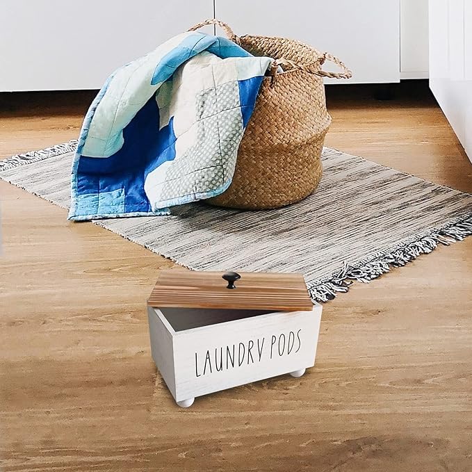 Laundry Pods Container, Farmhouse Laundry Pod Holder, Rustic Laundry Detergent Storage Organizer Box, Wooden Pods Caddy with Lid for Laundry Room Accessories Organization Decor Dispenser