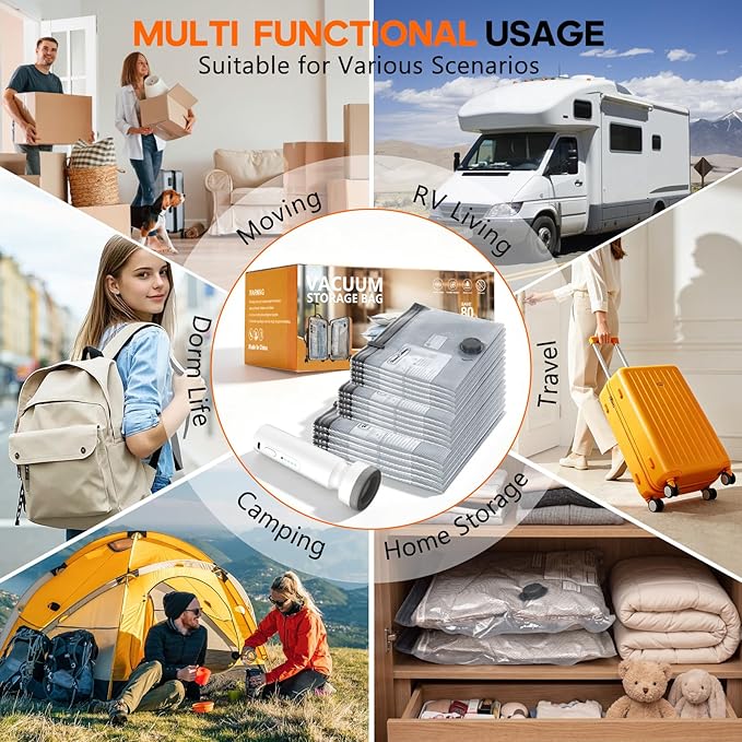 15 Pack Vacuum Storage Bags for Travel with Rechargeable Cordless Pump, Space Saver Bags for Clothes, Compression Packing Bags for Luggage and Suitcase, 15 Combo Size