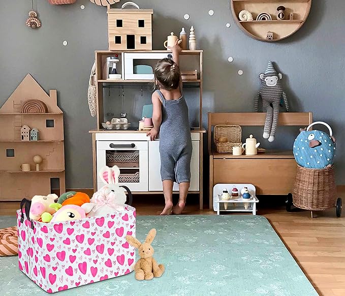 Rectangle Gift Storage Basket Home Shelf Storage Basket Organizer Box Clothes Laundry Hamper Nursery Basket Laundry Basket with Handles (Heart)