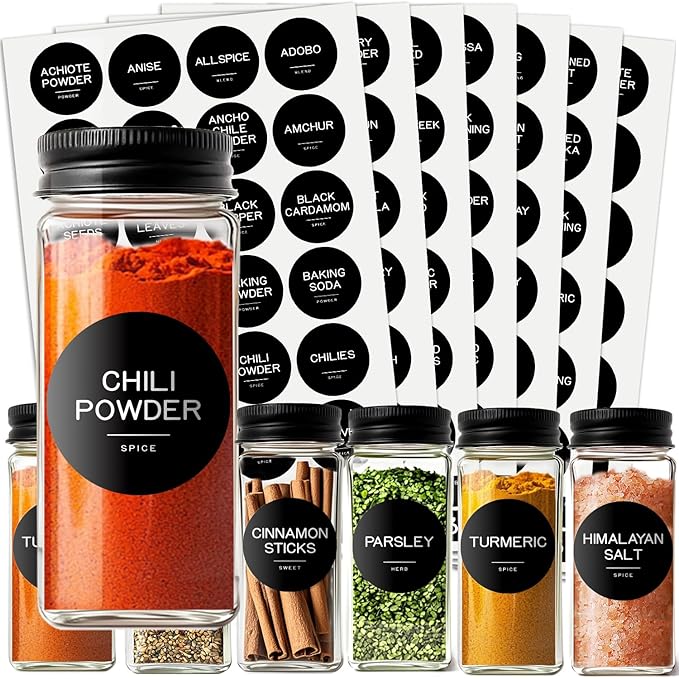 245 Spice Jar Labels - Round Preprinted Minimalist Waterproof Stickers for Kitchen Jars, Herb & Seasoning Labels for Pantry Organization (Black)