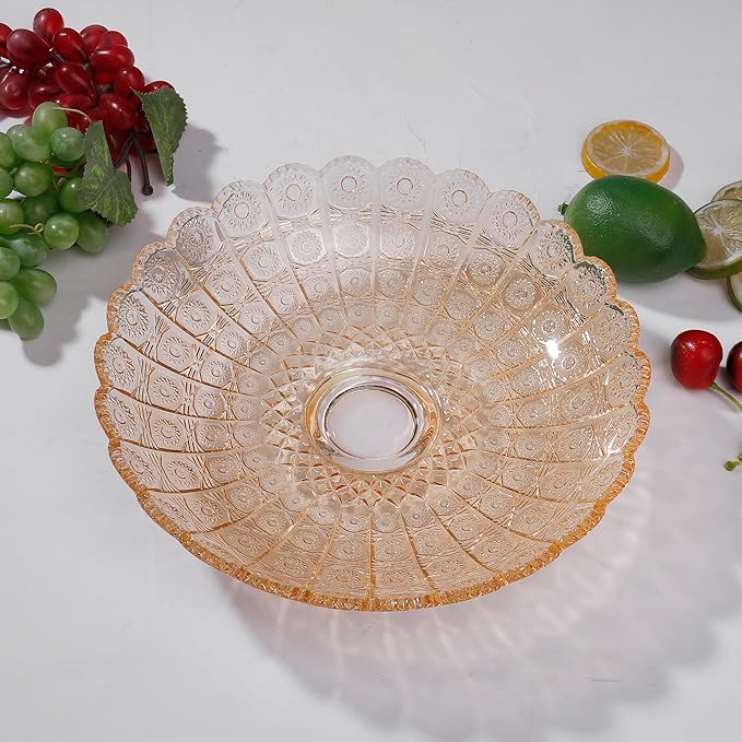Unique Gold Flower-Shaped Crystal Glass Decorative Footed Bowl - 10.6 inch Diameter, Tabletop Fruit Plate, Dessert Plate, Cake Plate, Candy Tray, Wedding Home Decor.
