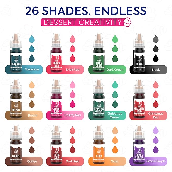 Riccle Food Coloring for Baking - 26 Bright Food Coloring Liquid Set for Cake decorations - 0.20 Fl. Oz (6 ml) / Bottle x 26 Food Dye for Icing, Christmas Cookie decorating Supplies Baking Supplies