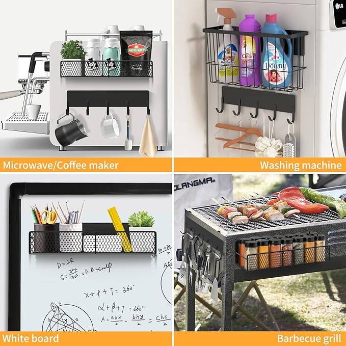 Magnetic Spice Rack for Refrigerator, 7 Pack 100% Metal Strong Magnet Shelf, Spice Organizer W/ Paper Towel Holder, Hook Rack, Utensil Caddy & Cutting Board Holder, Home Kitchen Organization (Black)