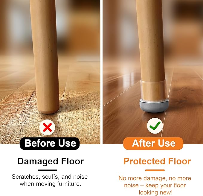 Chair Leg Floor Protectors for Hardwood Floors – Smooth Nylon Base Won’t Trap Cat or Dog Hair, Clear Silicone Caps No Scratch & Silent on Carpet & Tile (16 Pack, Fits 1/2" to 3/4")