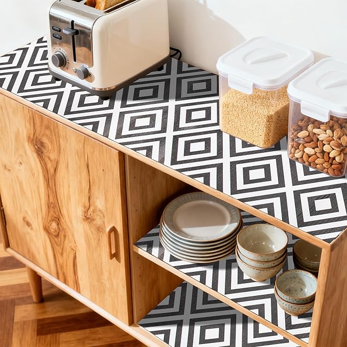 FIFTY FEET 12"x120" Non-Adhesive Shelf Liner for Kitchen Cabinets and Drawers, Washable Non-Slip PVC Cabinet Liner (Black Plaid)(7 Roll)
