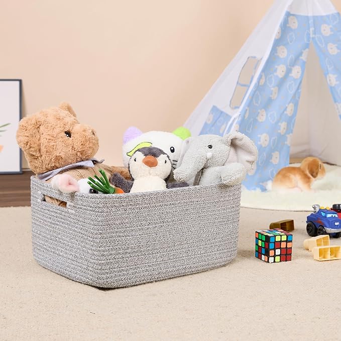 MiniArk Large Storage Baskets for Shelves, Closet Organizer Bins for Clothes, Blankets, Towels, Baby Nursery, Toy Baskets Box, Woven Rope Baskets, 17 x 13 x 7.5”, 3 Packs Mixed Grey