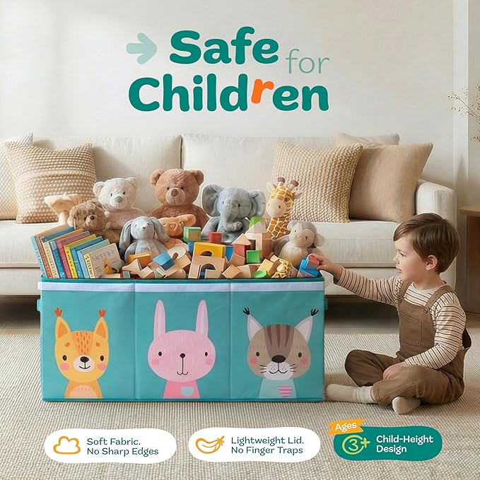 Extra Large Toy Storage Organizer with Lid - Sturdy, Collapsible Toy Chest Storage Box with Cute Design - Toys Bin with Dividers for Kids, Boys, Girls, Nursery, Bedroom, Play room 37"x16"x14"