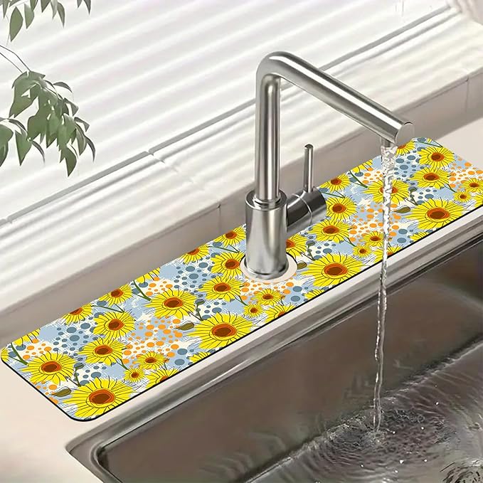 Watercolor Sunflowers Sink Splash Guard Faucet Mat Sunflowers Polka Dots Super Absorbent Fast Drying Mat Sink Gadgets-Splash Guard Behind Faucet Drip Catcher for Kitchen Bathroom, 23.5"x5.5"