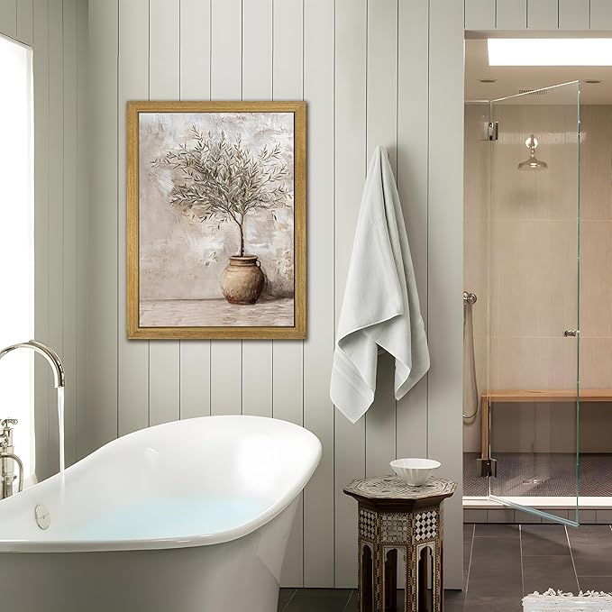 Wood Framed Olive Tree Canvas Wall Art, Room Aesthetic Oil Painting, Rustic Vintage Potted Plant Wall Decor, Neutral Botanical Artwork for Living Room Kitchen Dining Room Farmhouse Home Decor 16x24 in