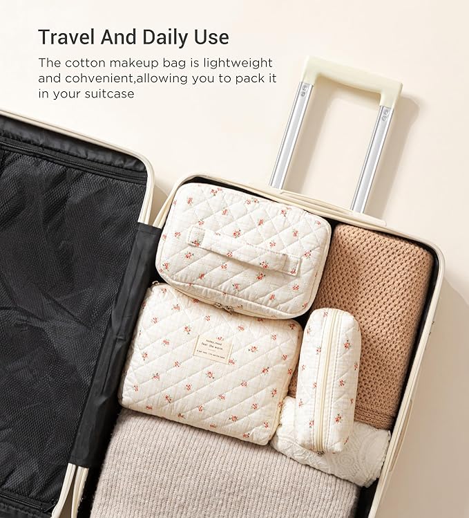 HBselect Quilted Makeup Bag, 3PCS Cotton Large Travel Makeup Bag, Cute Floral Coquette Make up Bag Cosmetic Bag Toiletry Bag for Women Girls