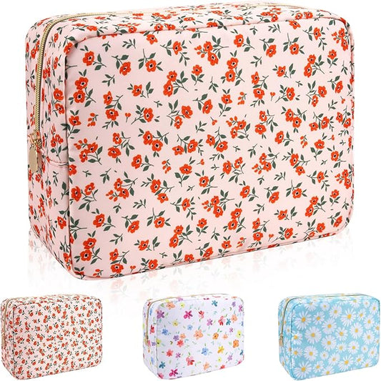 Waterproof Nylon Large Makeup Bag Travel Pouch, Floral Preppy Big Cosmetic Bag Make Up Organizer Toiletry Bag with Zipper, Large Capacity Cute Zipper Pouch Storage Bag for Women Girls(Orange Flower)