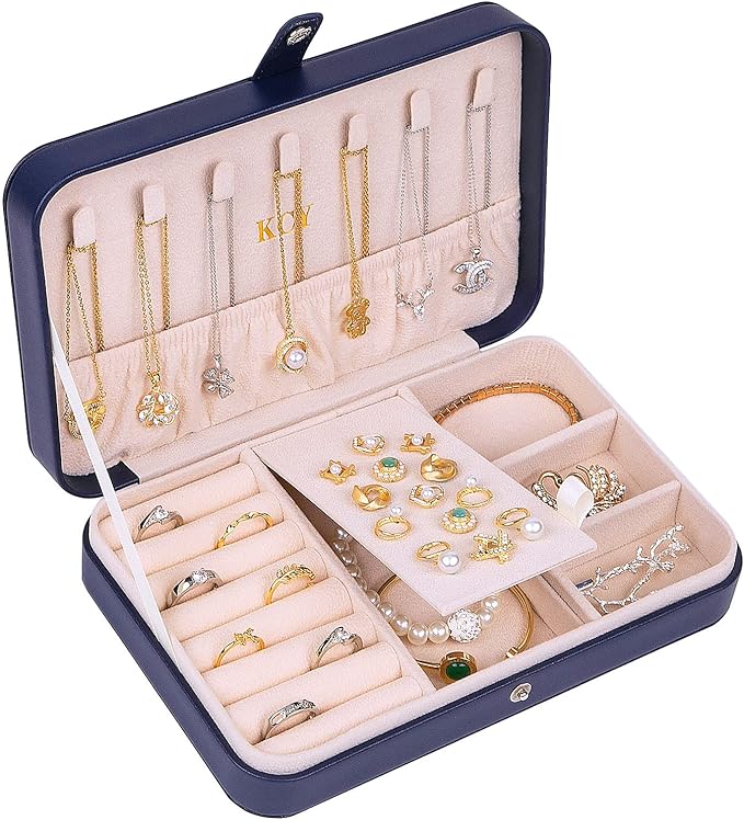 KCY Travel Jewelry Organizer Box for Women Girls, Small Travel Jewelry Case, PU Leather Portable Jewellery Storage Boxes Display Holder for Ring Earrings Necklace Bracelet Bangle, Gifts,Dark-blue