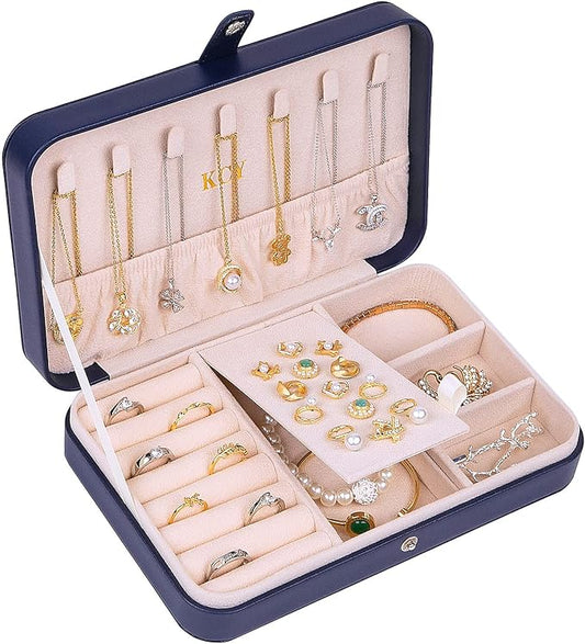 KCY Travel Jewelry Organizer Box for Women Girls, Small Travel Jewelry Case, PU Leather Portable Jewellery Storage Boxes Display Holder for Ring Earrings Necklace Bracelet Bangle, Gifts,Dark-blue