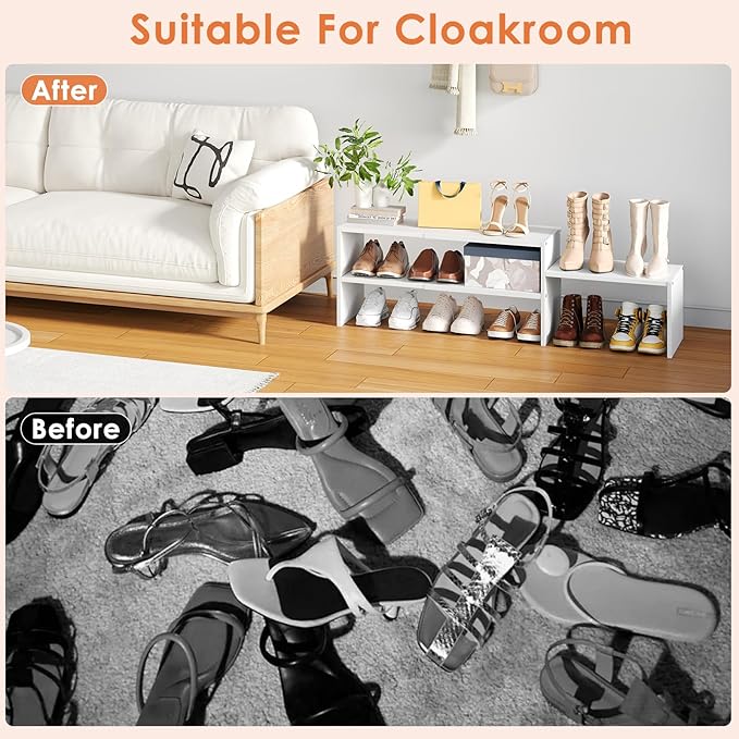44.6 Inches Expandable White Shoe Rack Organizer for Closet,Adjustable Small Shoe Storage Shelves,Metal Wood Combination Shoe Shelf Stand Holder for Closets,Entryway,Front Door,Narrow Space,10-13 Pair