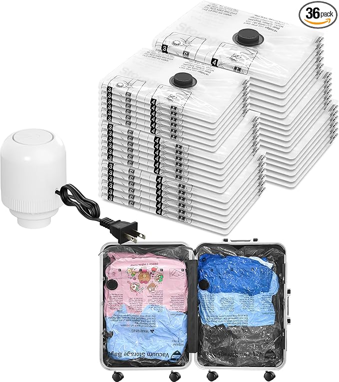 Vacuum Seal Bags for Clothing Travel and Home Storage, Travel Vacuum Bags with Electric Pump, Space Saver Compression Packing Cubes for Luggage Suitcase Bedding Blankets Clothes, 36 Combo