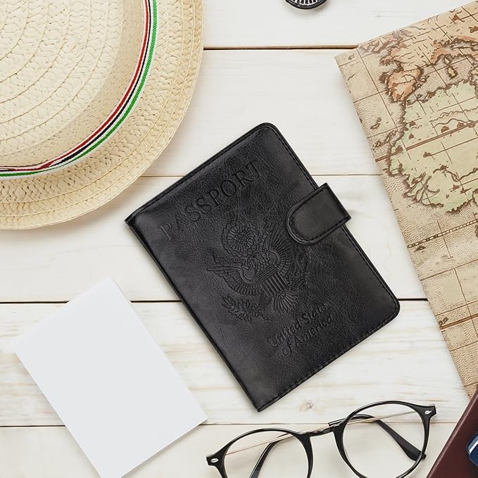 WALNEW Passport Holder for Travel, RFID Passport Cover Wallet for Women Men, PU Leather Passport Book Card Holder Case with Pen (Buckle Closure, Buckle-Black)
