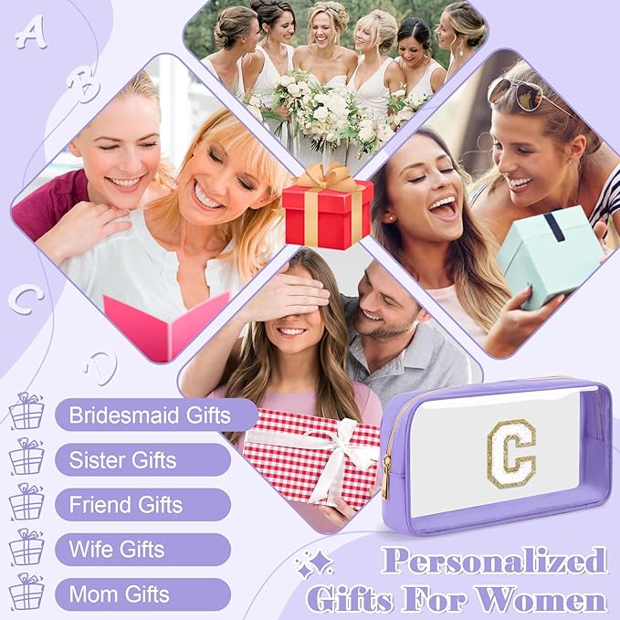 Personalized Initial Letter Clear Makeup Bag, Preppy Small Nylon & PVC Cosmetic Zipper Bag with Chenille Letter, Travel Skincare Toiletry Bag, Monogram Christmas Gift for Teen Girls Women, C