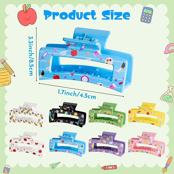 PANTIDE 8Pcs Teacher Hair Claw Clips Accessories for Women Girls - Cute Christmas Teacher Appreciation Gift Pencil Apple Rectangle Nonslip Hair Clips, Strong Hold for Thin Thick Curly Hair